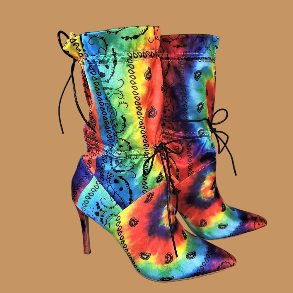 * Mata Bold Tie Dye Drawstring 4" Stiletto High Heel Mid Calf Boots